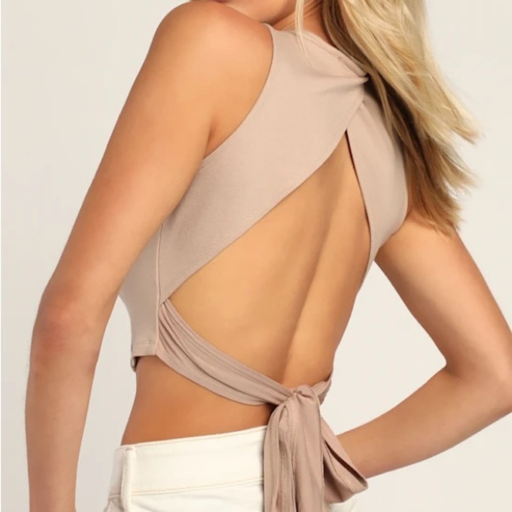 Minimalist Taupe Tie-Front Crop Top | Soft Knit Sleeveless Blouse